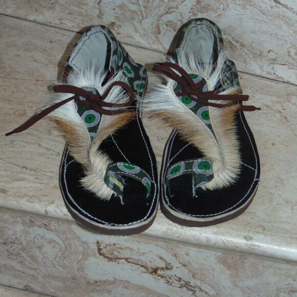 Boho Hippie African Springbok Fur Hide Zulu Imbadada Leather Batik Sandals Women - Picture 11 of 14